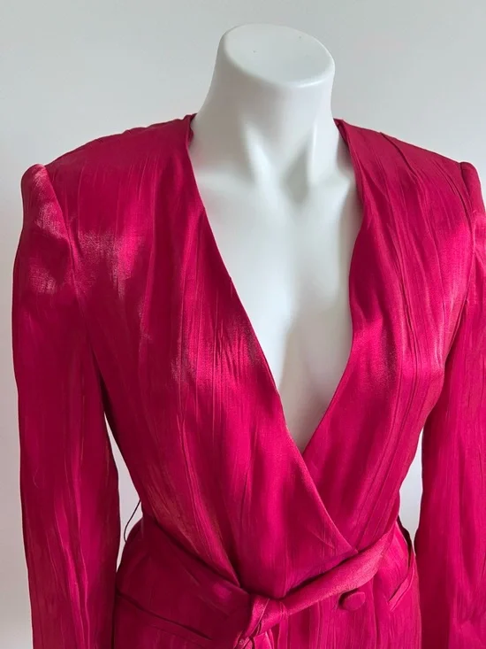 Zara NEW Crinkle Satin Blazer and Wide Leg Trousers SET Fuchsia Pink XS Shiny - Picture 4 of 15